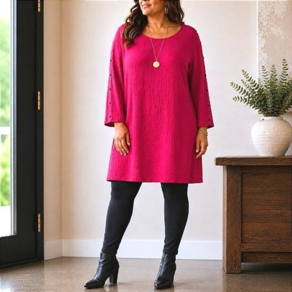 Ali Miles Fuchsia Wearable Art Textured Contemporary Lagenlook Tunic Dress 2X